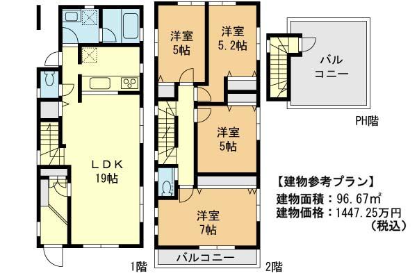 Building plan example (floor plan). Building plan example (B compartment) 4LDK, Land price 35,800,000 yen, Land area 107.54 sq m , Building price 14,473,000 yen, Building area 99.9 sq m