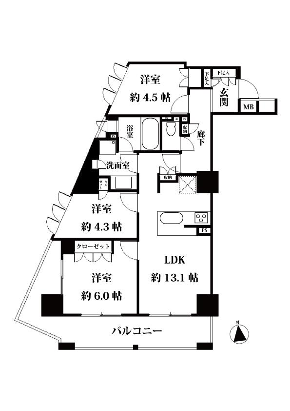 Floor plan. 3LDK, Price 39,900,000 yen, Occupied area 64.75 sq m , Balcony area 14.26 sq m