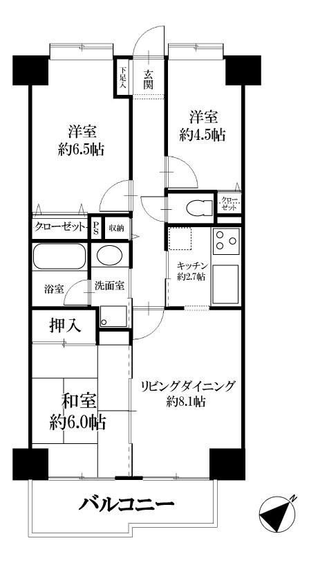 Floor plan. 3LDK, Price 32,800,000 yen, Occupied area 62.72 sq m , Balcony area 6.9 sq m