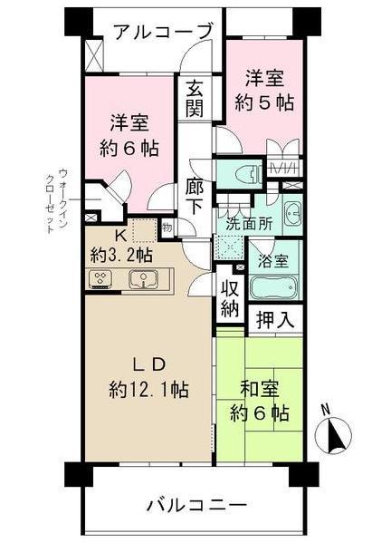 Floor plan. 3LDK, Price 34,200,000 yen, Occupied area 73.39 sq m , Balcony area 12.8 sq m