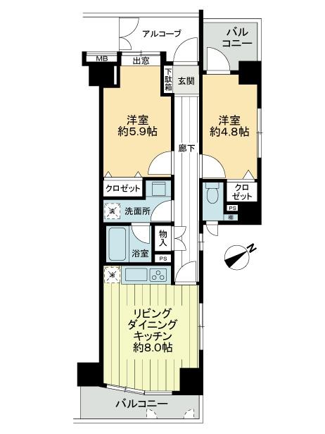 Floor plan. 2LDK, Price 26,800,000 yen, Occupied area 50.51 sq m , Balcony area 8.35 sq m
