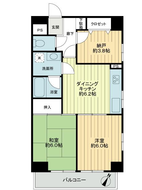 Floor plan. 2DK + S (storeroom), Price 18,800,000 yen, Occupied area 50.54 sq m , Balcony area 4.9 sq m