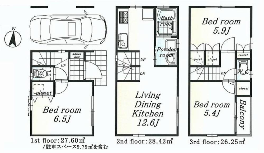 Floor plan. (A Building), Price 31,800,000 yen, 3LDK, Land area 48.44 sq m , Building area 82.27 sq m