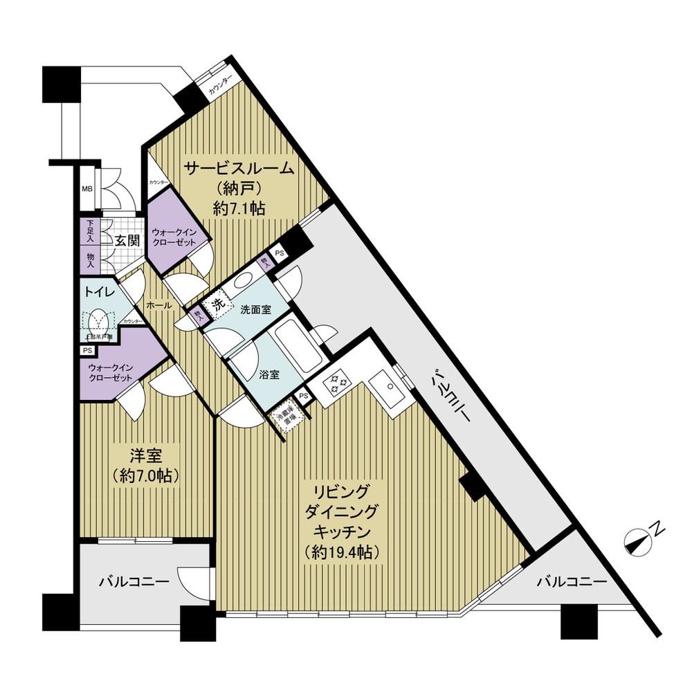 Floor plan. 1LDK + S (storeroom), Price 37,800,000 yen, Occupied area 76.65 sq m , Widely balcony area 26.87 sq m living room, There is a sense of relief because of the high sash position.