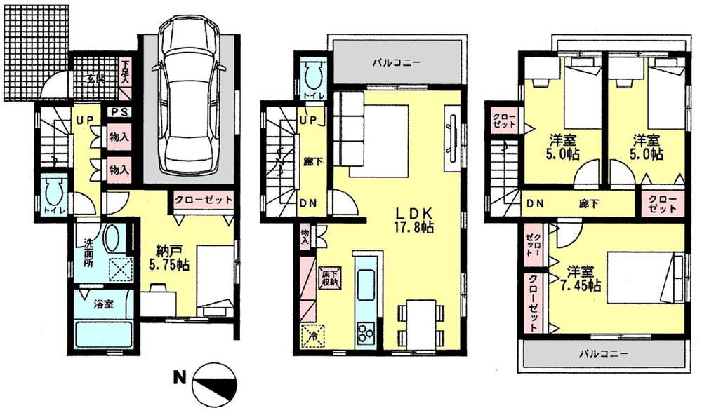 Floor plan. (1 Building), Price 43,800,000 yen, 3LDK+S, Land area 75.45 sq m , Building area 102.69 sq m