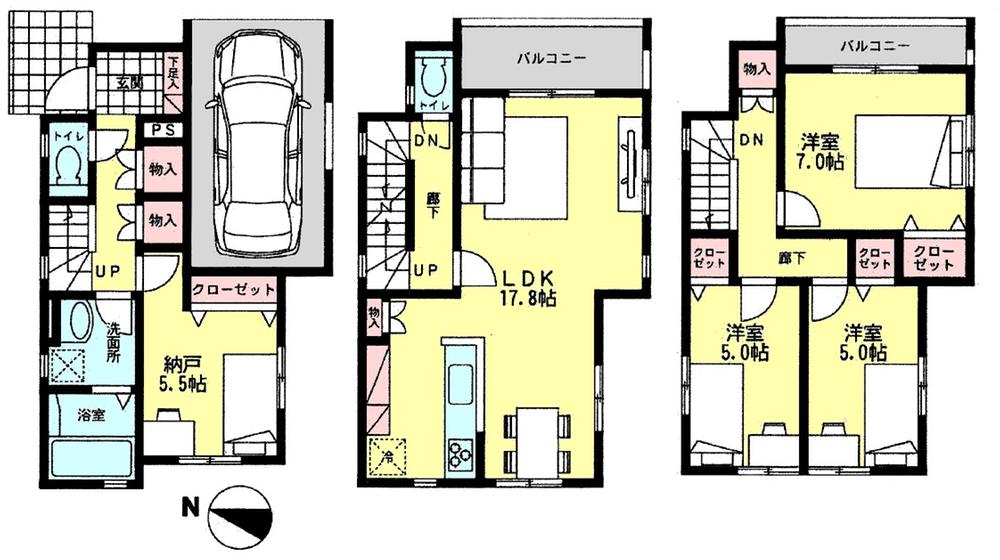 Floor plan. (Building 2), Price 43,800,000 yen, 3LDK+S, Land area 75.09 sq m , Building area 105.98 sq m