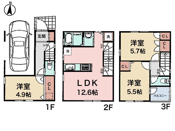 Floor plan. (B Building), Price 31,800,000 yen, 3LDK, Land area 48.15 sq m , Building area 82.86 sq m