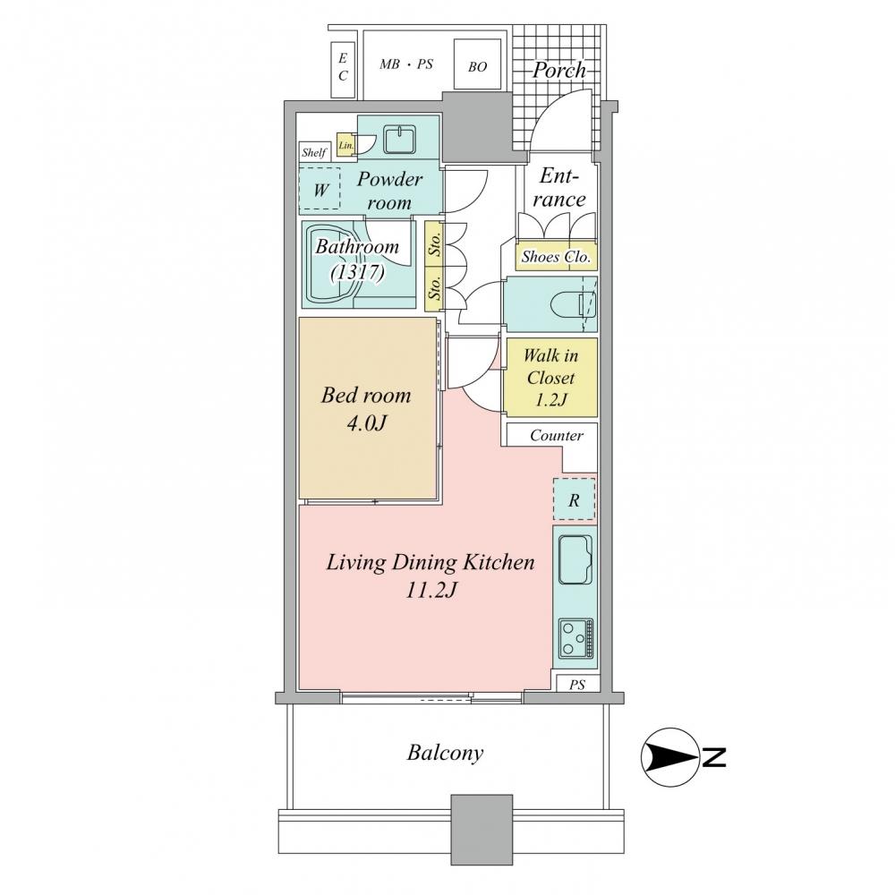 Floor plan. 1LDK, Price 42,800,000 yen, Occupied area 41.27 sq m , Balcony area 8.46 sq m