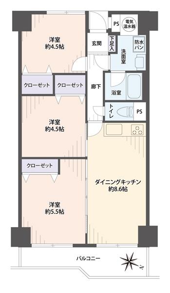 Floor plan. 3DK, Price 21,800,000 yen, Occupied area 50.44 sq m , Balcony area 5.64 sq m