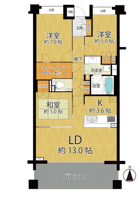 Floor plan. 3LDK, Price 56,200,000 yen, Occupied area 77.23 sq m , Balcony area 13.3 sq m