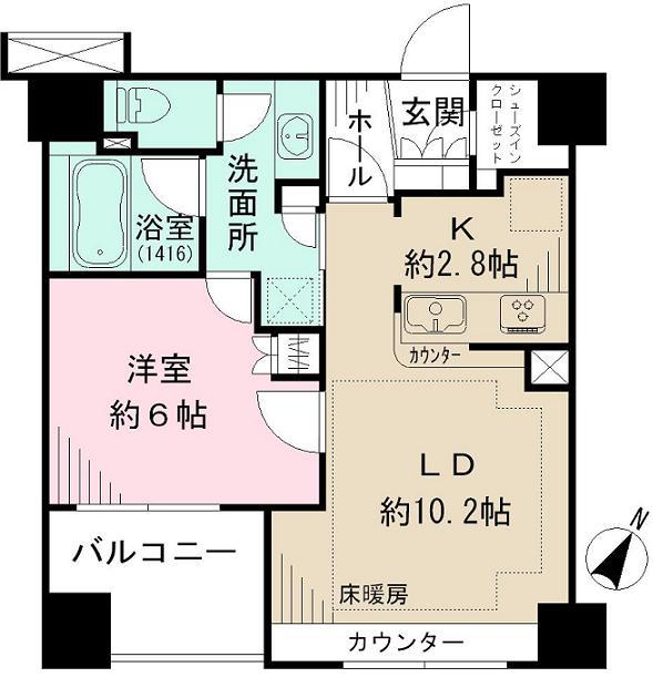 Floor plan. 1LDK, Price 25,800,000 yen, Occupied area 45.88 sq m , Balcony area 5.51 sq m