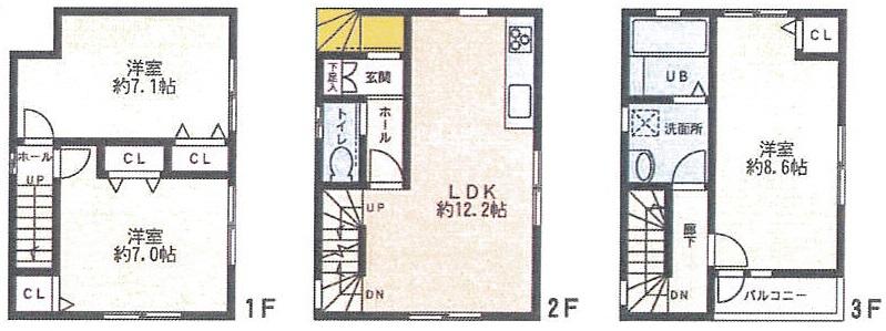 Floor plan. 29,800,000 yen, 3LDK, Land area 56.37 sq m , Building area 81.96 sq m A Building Floor