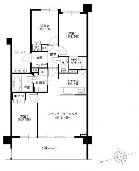 Floor plan. 3LDK, Price 36,900,000 yen, Occupied area 70.25 sq m , Balcony area 14 sq m