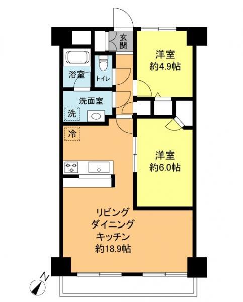 Floor plan. 2LDK, Price 33,800,000 yen, Occupied area 63.04 sq m , Balcony area 6.38 sq m