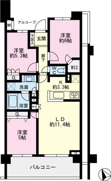 Floor plan. 3LDK, Price 31,800,000 yen, Occupied area 68.04 sq m , Balcony area 12 sq m