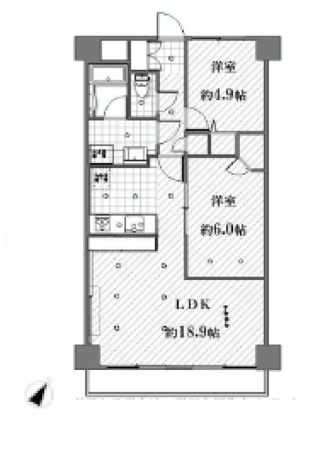Floor plan. 2LDK, Price 33,800,000 yen, Occupied area 63.04 sq m , Balcony area 6.38 sq m