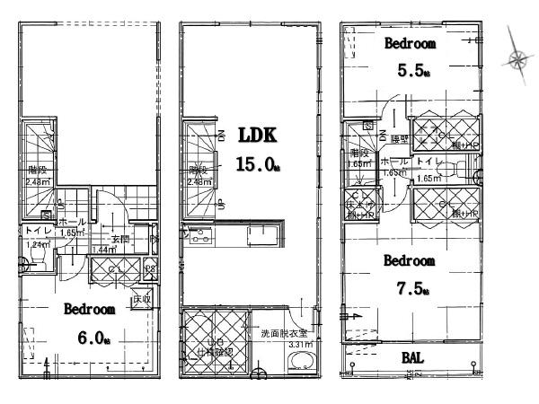 Floor plan. (A Building), Price 43,800,000 yen, 3LDK, Land area 51.14 sq m , Building area 98.53 sq m