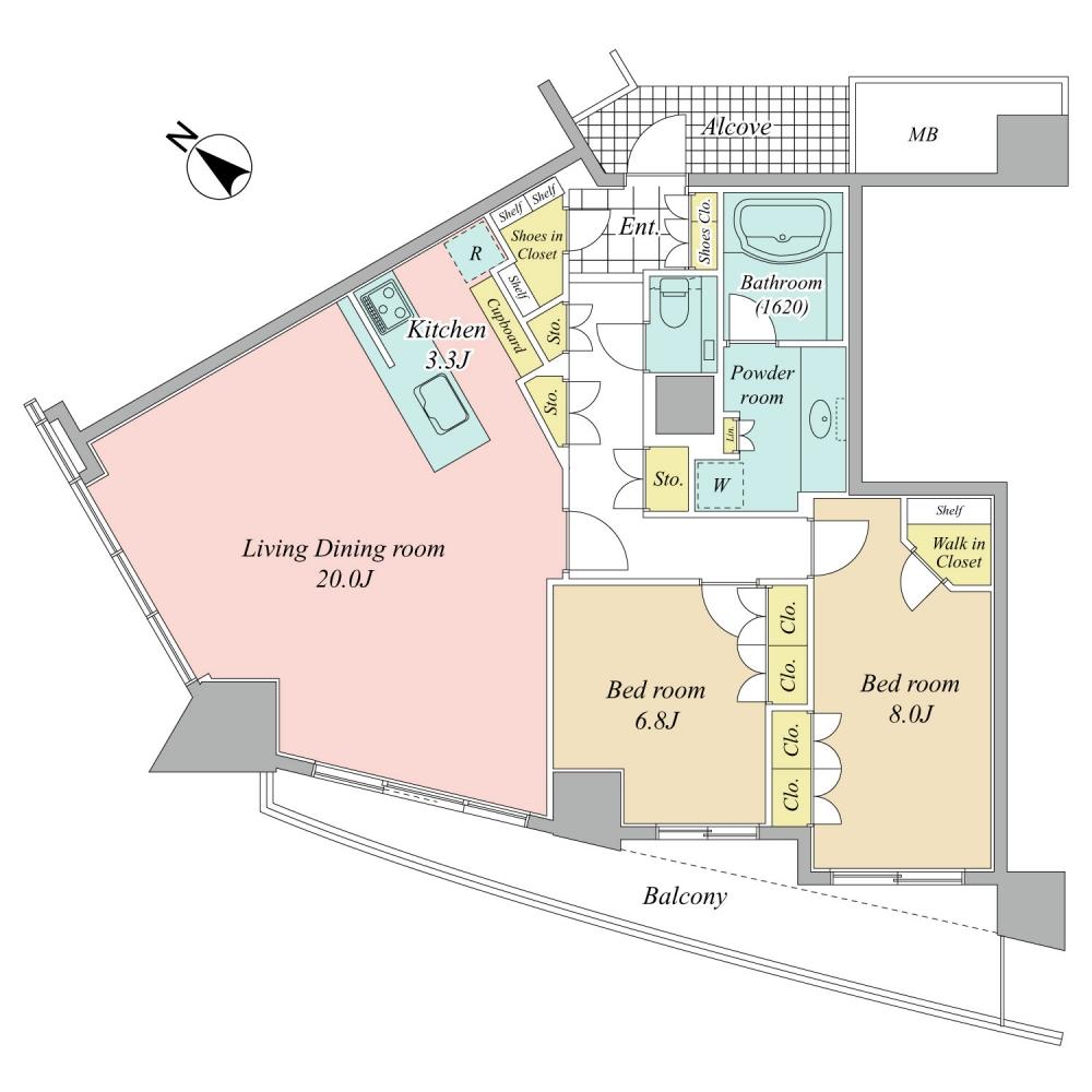 Floor plan. 2LDK, Price 87,800,000 yen, Occupied area 90.77 sq m , Balcony area 13.91 sq m