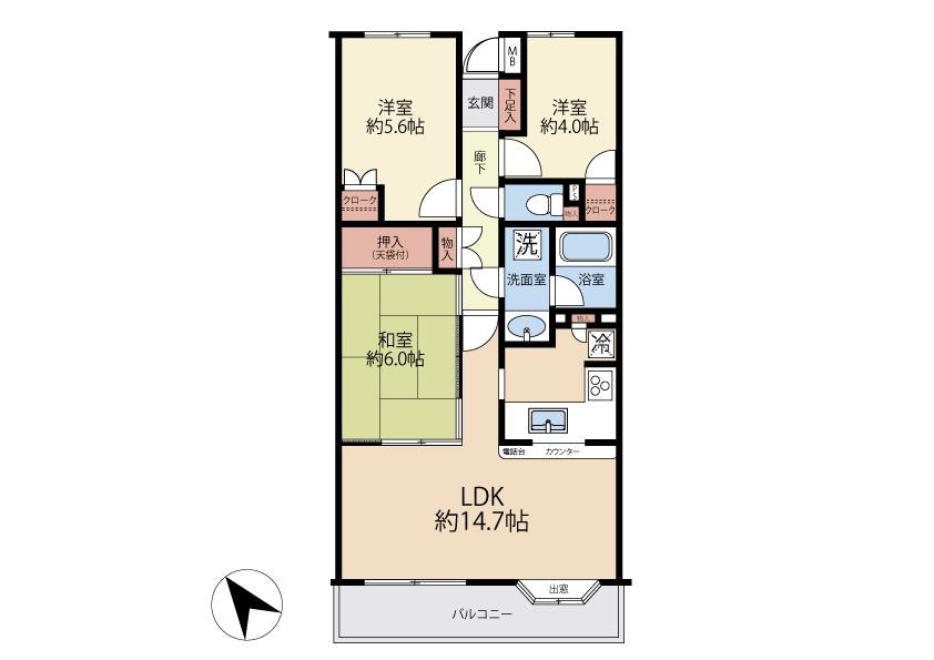 Floor plan. 3LDK, Price 34,900,000 yen, Occupied area 65.33 sq m , Balcony area 8.1 sq m