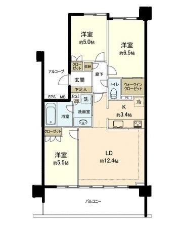 Floor plan. 3LDK, Price 36,900,000 yen, Occupied area 70.25 sq m , Balcony area 14 sq m 3LDK + walk-in closet
