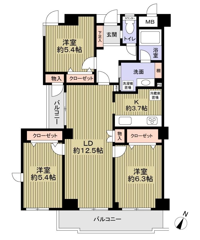 Floor plan. 3LDK, Price 24,900,000 yen, Occupied area 75.21 sq m , Balcony area 9.59 sq m