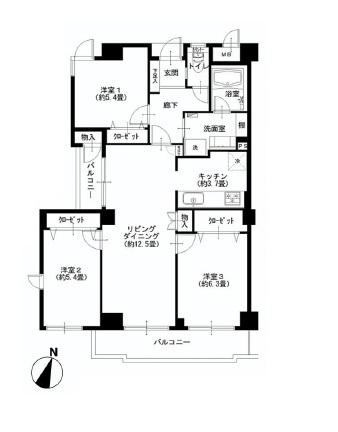 Floor plan. 3LDK, Price 24,900,000 yen, Occupied area 75.21 sq m , Balcony area 9.59 sq m