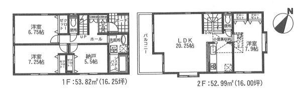 Floor plan. (Building 2), Price 43,800,000 yen, 3LDK+S, Land area 120.59 sq m , Building area 106.81 sq m