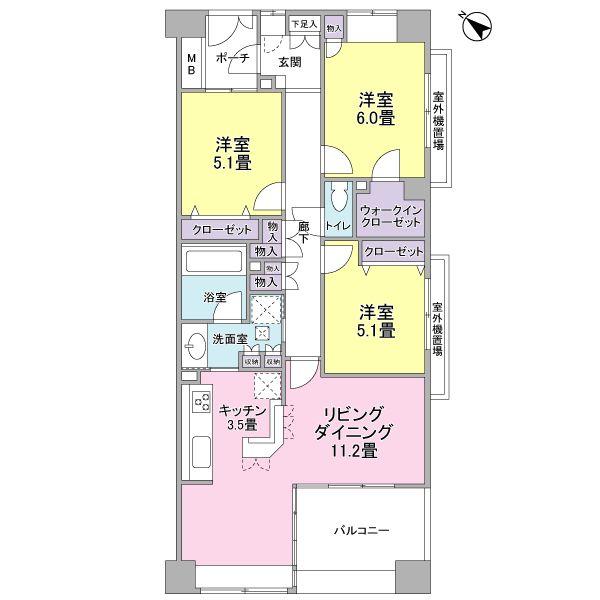 Floor plan. 3LDK, Price 22,800,000 yen, Occupied area 75.16 sq m , Balcony area 8.5 sq m