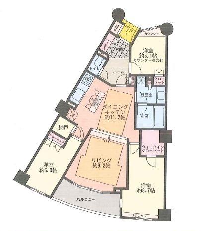Floor plan. 3LDK, Price 26,800,000 yen, Footprint 90 sq m , Balcony area 7.37 sq m