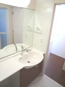 Washroom. Vanity of a large mirror
