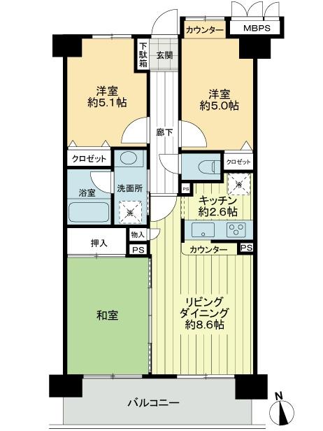 Floor plan. 3LDK, Price 28 million yen, Occupied area 60.46 sq m , Balcony area 8.7 sq m