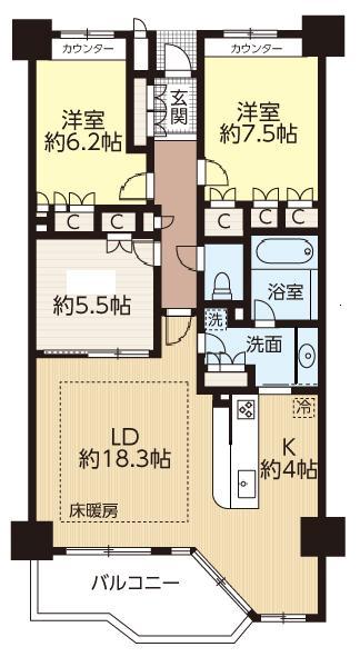 Floor plan. 2LDK + S (storeroom), Price 23.8 million yen, Occupied area 91.61 sq m , LDK view that on the balcony area 8.62 sq m Pledge LDK22.3 feeling of opening equipped with a floor heating, Day is good.