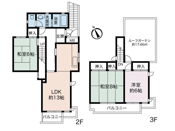 Floor plan. 3LDK, Price 14.3 million yen, Occupied area 84.62 sq m , Balcony area 9.17 sq m maisonette ・ Balcony two places ・ There Roof Garden