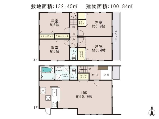 Floor plan. 38,300,000 yen, 4LDK, Land area 132.45 sq m , Building area 100.84 sq m 4LDK + parking space 2 cars