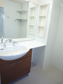 Washroom. A large mirror with Vanity