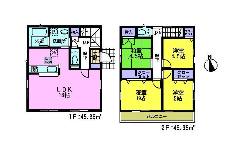 Floor plan. 29,800,000 yen, 4LDK, Land area 185 sq m , LDK18 Pledge of building area 90.72 sq m face-to-face kitchen and 4LDK with all the living room storage. There is a garden on the south side.