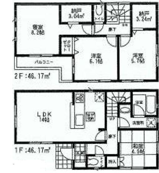 Floor plan. (1 Building), Price 29,800,000 yen, 4LDK+2S, Land area 104.63 sq m , Building area 92.34 sq m