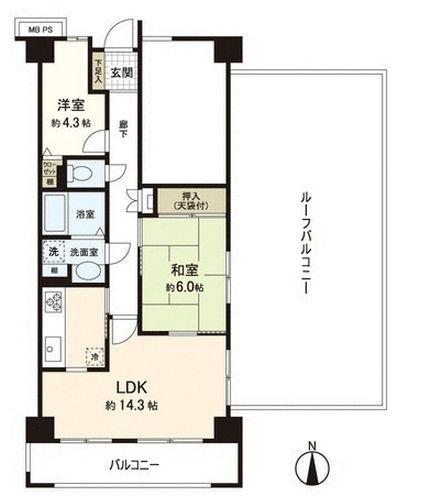 Floor plan. 2LDK, Price 23,900,000 yen, Occupied area 61.35 sq m , Balcony area 10.2 sq m