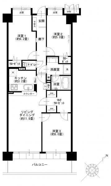 Floor plan. 3LDK, Price 19.9 million yen, Footprint 72.5 sq m , Balcony area 11.02 sq m
