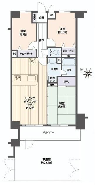 Floor plan. 3LDK, Price 19.9 million yen, Footprint 63 sq m , Balcony area 7.28 sq m