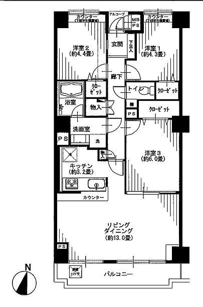 Floor plan. 3LDK, Price 23,900,000 yen, Occupied area 72.21 sq m , Balcony area 7.12 sq m LDK about 16.2 Pledge of counter kitchen Storage is also abundant.
