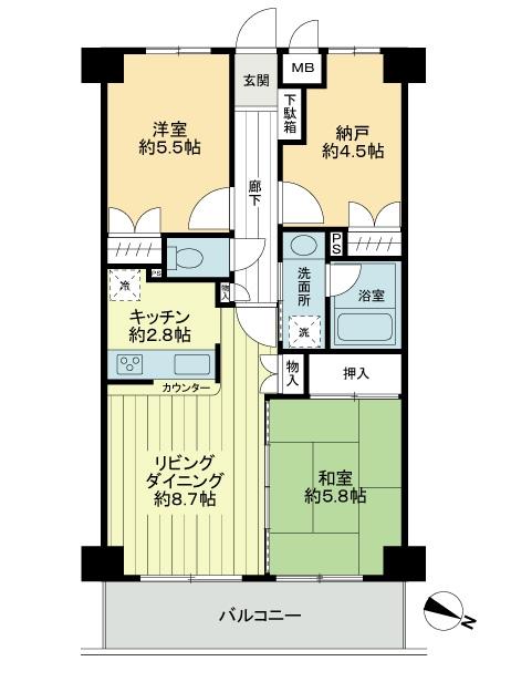 Floor plan. 2LDK + S (storeroom), Price 29,800,000 yen, Occupied area 61.36 sq m , Balcony area 8.85 sq m