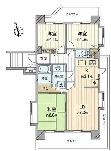 Floor plan. 3LDK, Price 19,800,000 yen, Occupied area 57.54 sq m , Balcony area 22.61 sq m