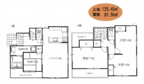 Floor plan. 34,800,000 yen, 4LDK, Land area 125.45 sq m , Building area 91.5 sq m