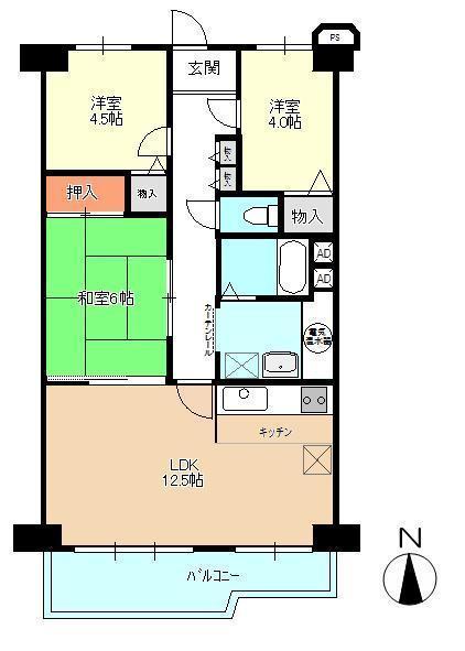 Floor plan. 3LDK, Price 12.8 million yen, Footprint 69.3 sq m , Balcony area 8.65 sq m south-facing open feeling and day preeminent dwelling unit.