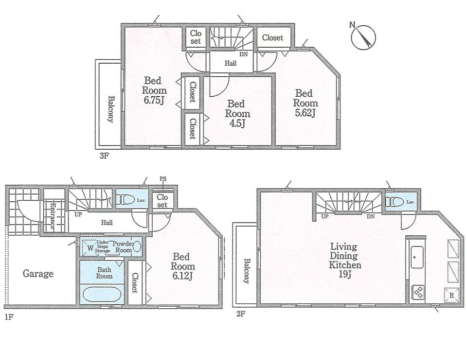 Floor plan. (3 Building), Price 36,800,000 yen, 4LDK, Land area 63.37 sq m , Building area 108.05 sq m