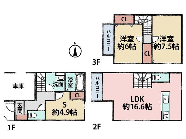Floor plan. (E Building), Price 30,800,000 yen, 2LDK+S, Land area 55.68 sq m , Building area 94.56 sq m