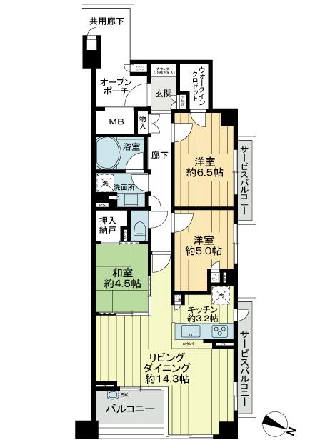 Floor plan. 3LDK, Price 23.5 million yen, Occupied area 79.08 sq m , Balcony area 5.76 sq m footprint: 79.08 square meters Balcony: 5.76 square meters Open Porch: 4.24 square meters Service Balcony: 6.72 square meters Trunk room: 0.36 square meters (including the occupied area)