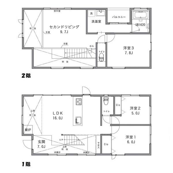 Floor plan. 50,958,000 yen, 3LDK + S (storeroom), Land area 185.24 sq m , LDK from the first floor of the foyer with a building area of ​​108.06 sq m unity, Second floor of the second living both, It is a space designed to lead by a large atrium. 