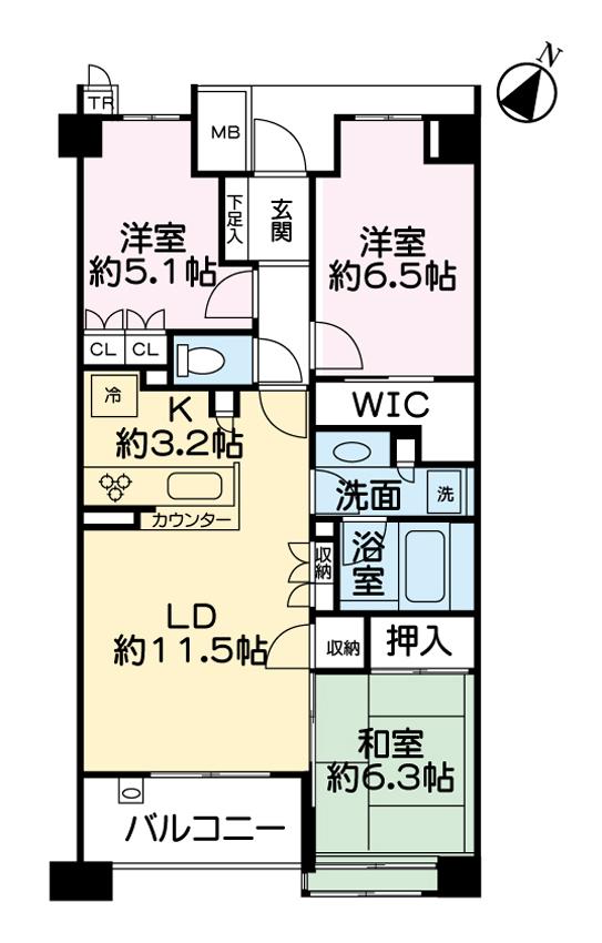 Floor plan. 3LDK, Price 24 million yen, Occupied area 73.96 sq m , Balcony area 6.62 sq m